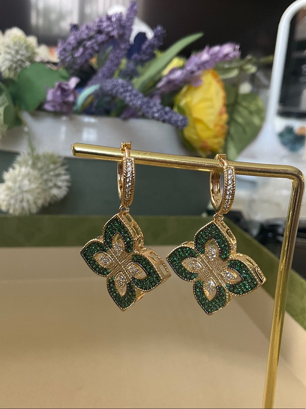 Anthropologie Gold Floral Drop Earrings with Green and White Accents